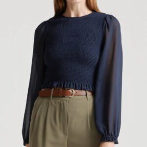 Quince Navy Smocked Chiffon Puff Sleeve Cropped Blouse Size M
